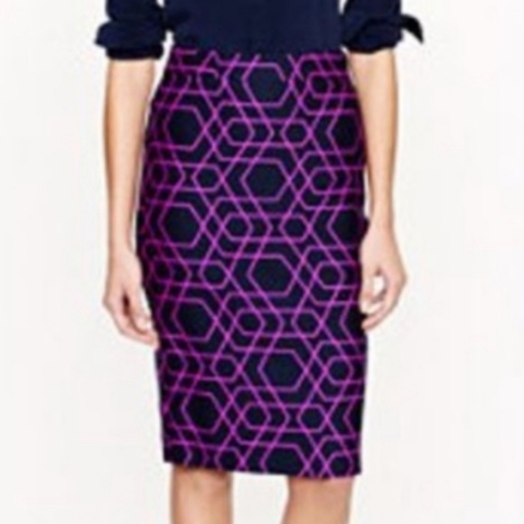 J. Crew Size 10 The Pencil Skirt, Navy Blue with Purple Geometric Pattern, NWOT - Picture 1 of 11